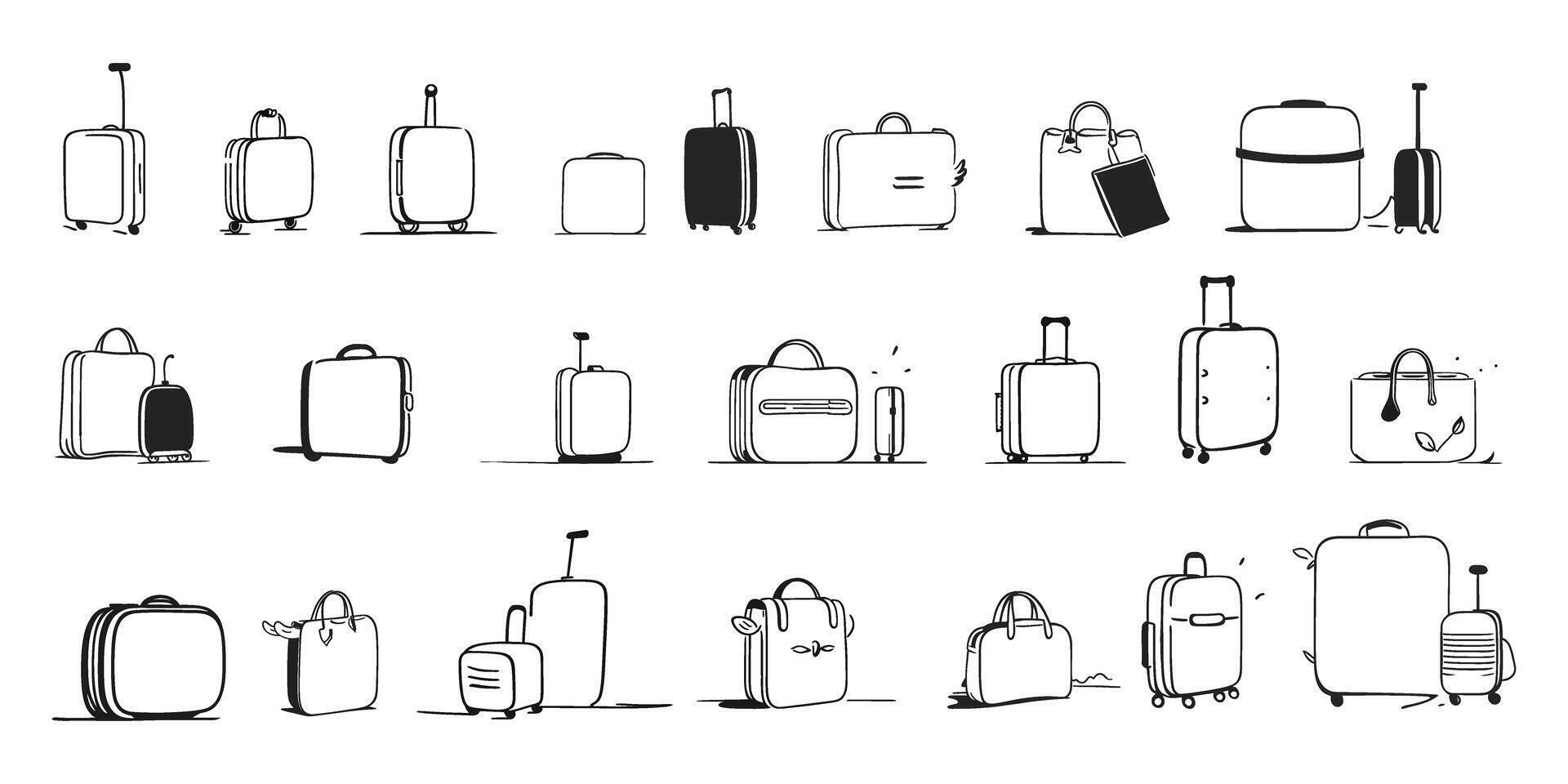 een groot reeks van divers reizen Tassen. koffers en Tassen in tekening stijl Aan een wit achtergrond. vector