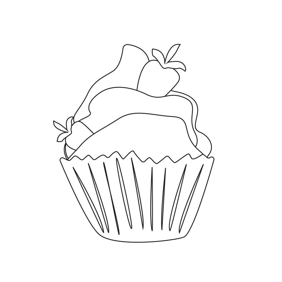 koekje met aardbei. tekening vector zwart en wit illustratie. muffin met geslagen room. tekening stijl.