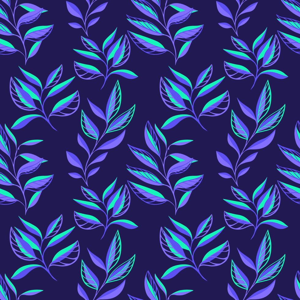 modern helder paars naadloos patroon met abstract minimalistische creatief takken bladeren. vector hand- getrokken schetsen silhouetten blad Aan een donker blauw achtergrond. collage sjabloon voor afdrukken, gevormde