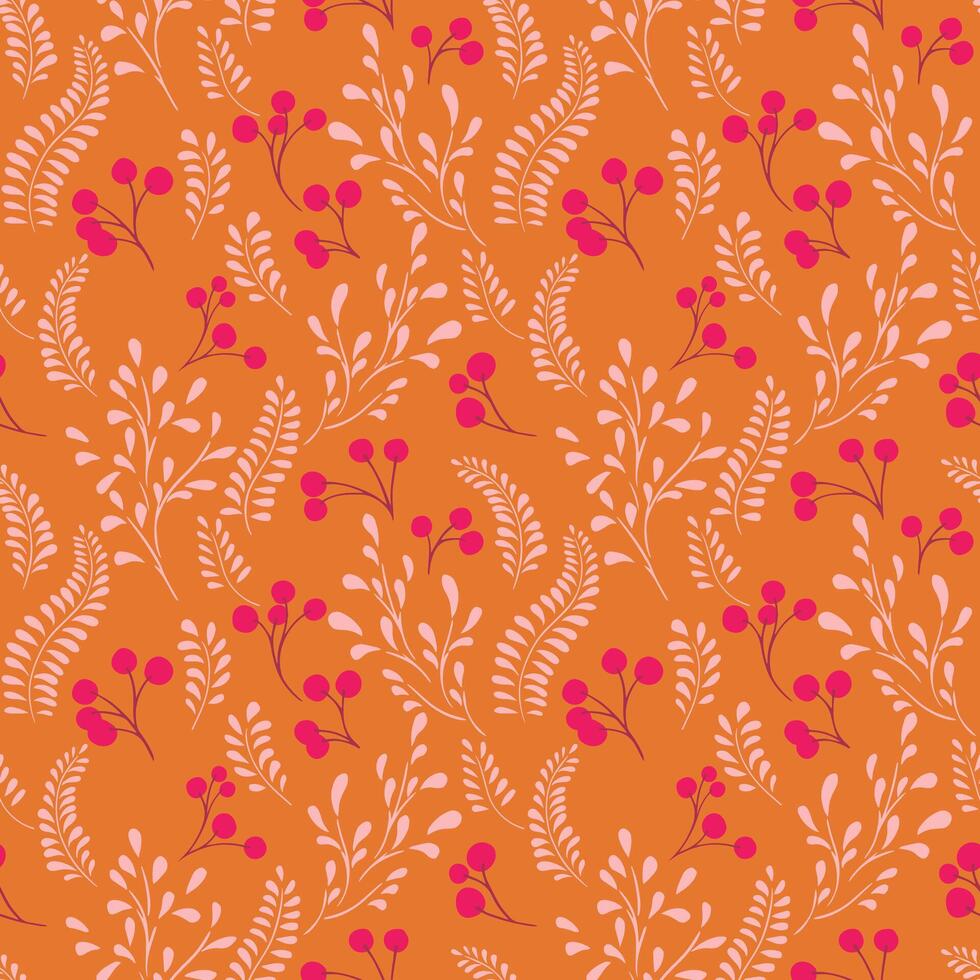 gemakkelijk herfst oranje naadloos patroon met abstract creatief takken bessen en vormen klein druppels, stippen, vlekken. vector hand- getrokken schetsen. sjabloon voor ontwerp, afdrukken, mode, textiel, kleding stof