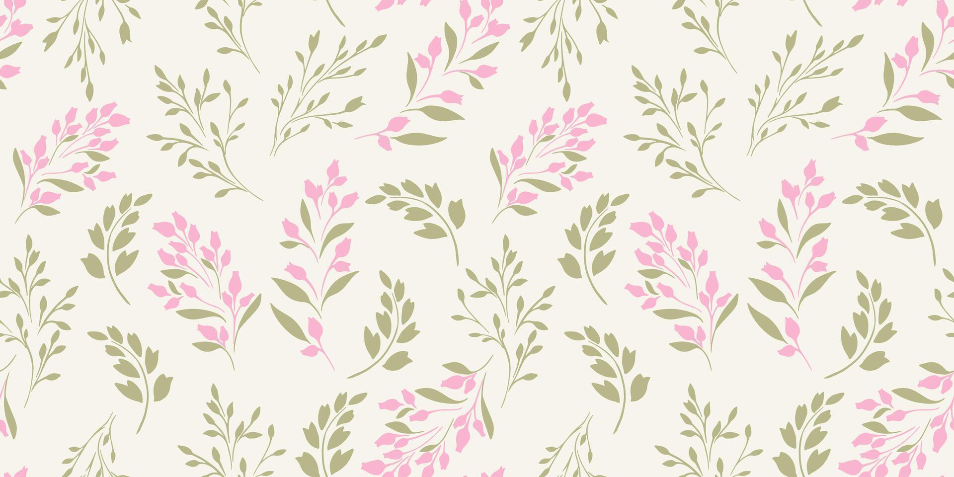 licht pastel naadloos patroon met groen klein takken bladeren, roze abstract ditsy bloemen knoppen. vector hand- getrokken schetsen. gemakkelijk creatief contour silhouet, bloemen stengels voorjaar of zomer afdrukken.