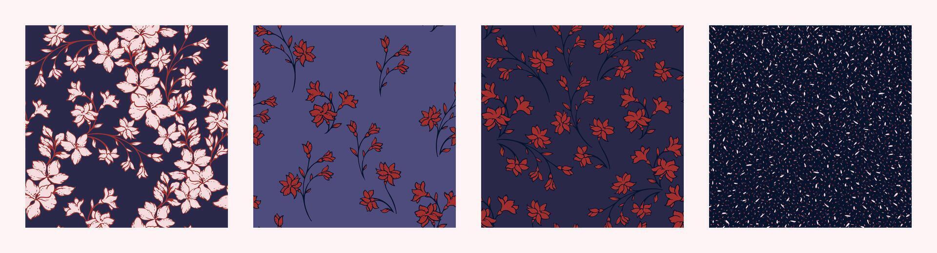 monotoon donker blauw collage van reeks naadloos patronen met abstract wild ditsy takken bloemen. vector hand- getrokken schetsen. minimalistische klein bloemen silhouet, willekeurig vlekken, polka stippen, druppels afdrukken.