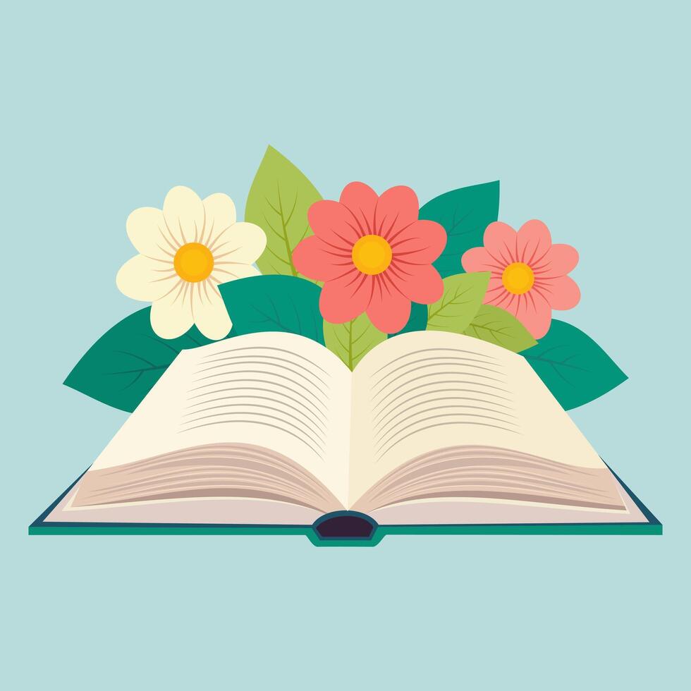 Open boek en bloem. vlak vector illustratie