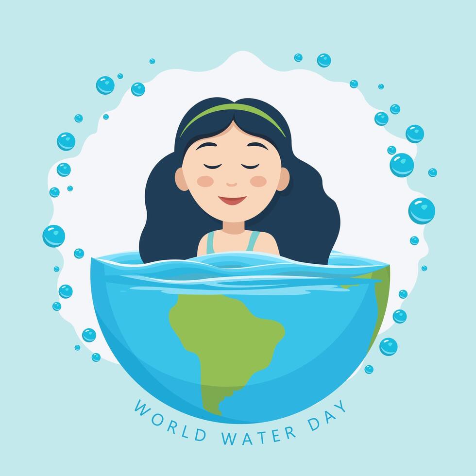 wereld water dag. een meisje zwemt in water Aan planeet aarde. vector illustratie.