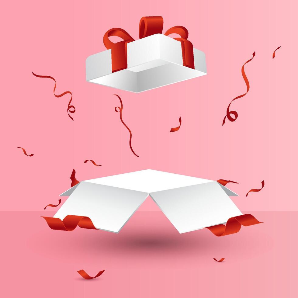 Open geschenk doos. besprenkeld met rood lint vector