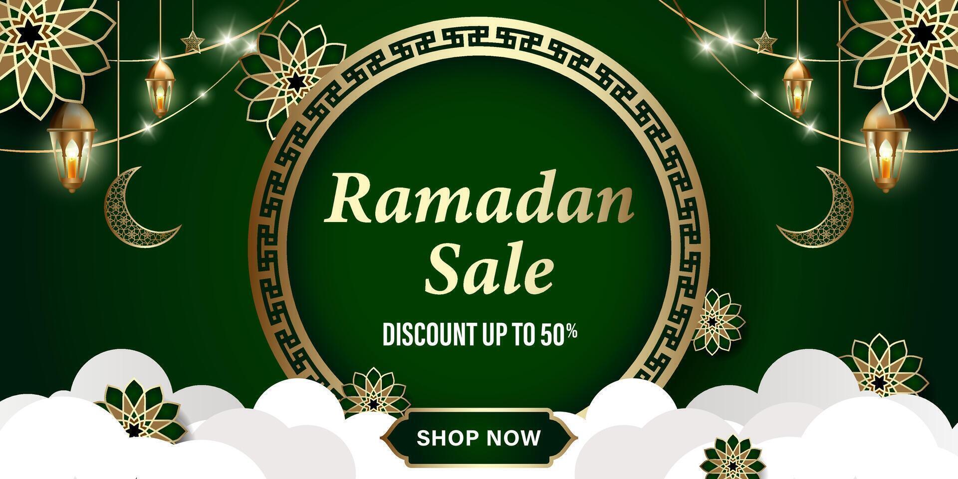 korting promotionele banier, met een Ramadan of Islamitisch thema. donker groen kleur vector