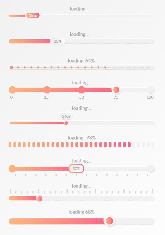 vooruitgang laden bar. indicator van toestand downloaden. grafisch pictogrammen van koppel. neon toetsen van snelheid van uploaden. kleur reeks van web laders met procent. futuristische ui voor website, spel, internet vector