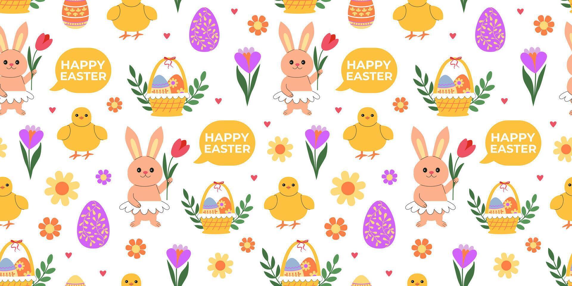 vrolijk Pasen bloemen naadloos patroon. schattig Pasen konijn, kuikens, eieren, bloemen. religieus voorjaar vakantie. achtergrond, achtergrond, digitaal en omhulsel papier. vector