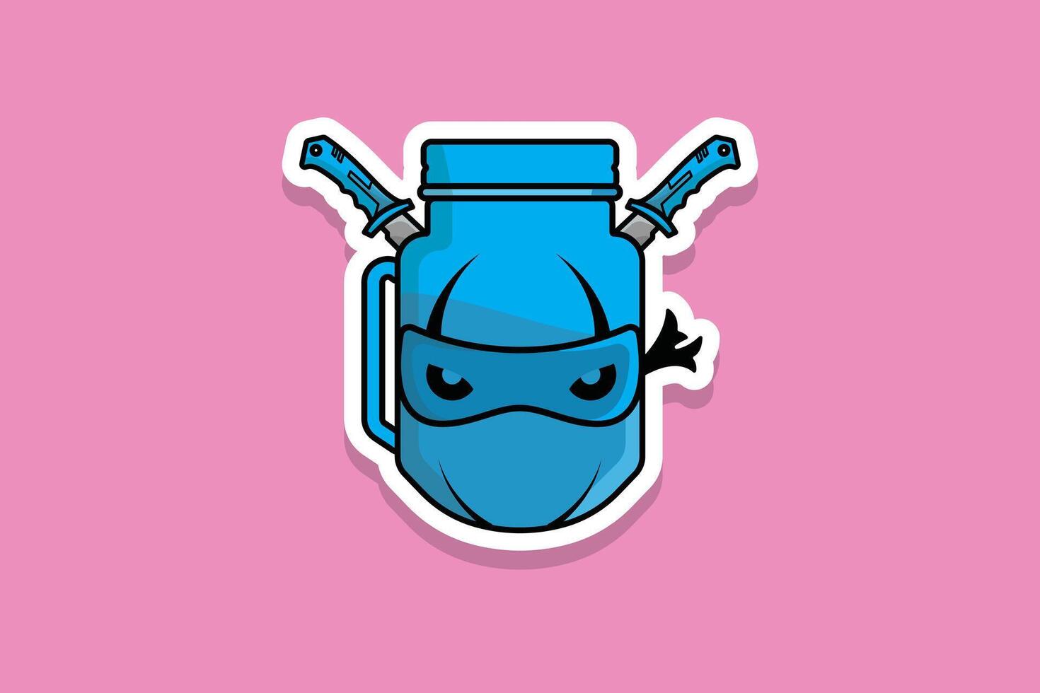 Ninja mascotte met pot mok en metaal Zwaarden sticker vector illustratie. voedsel en drinken voorwerp icoon concept. zomer vers sap sticker icoon logo. creatief Ninja sap sticker logo icoon.