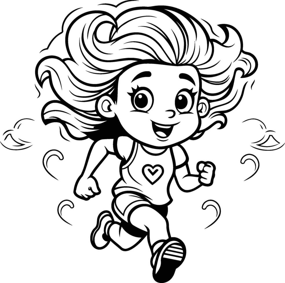ai gegenereerd zwart en wit tekenfilm illustratie van een schattig meisje rennen of rennen met een hart teken voor kleur boek vector