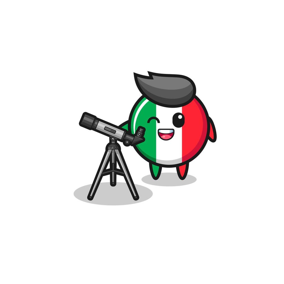 Italië vlag astronoom mascotte met een moderne telescoop vector