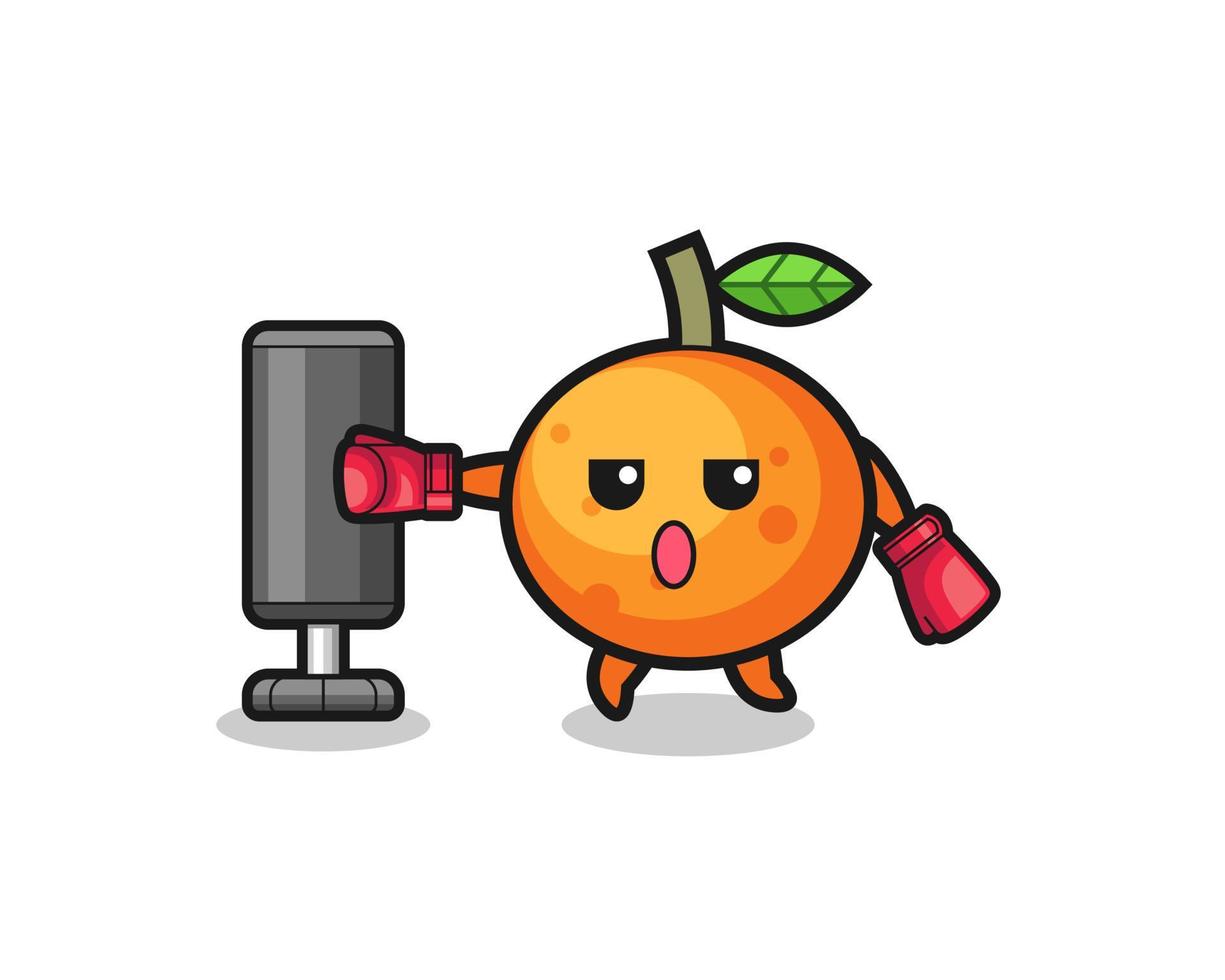mandarijn oranje bokser cartoon doet training met bokszak vector
