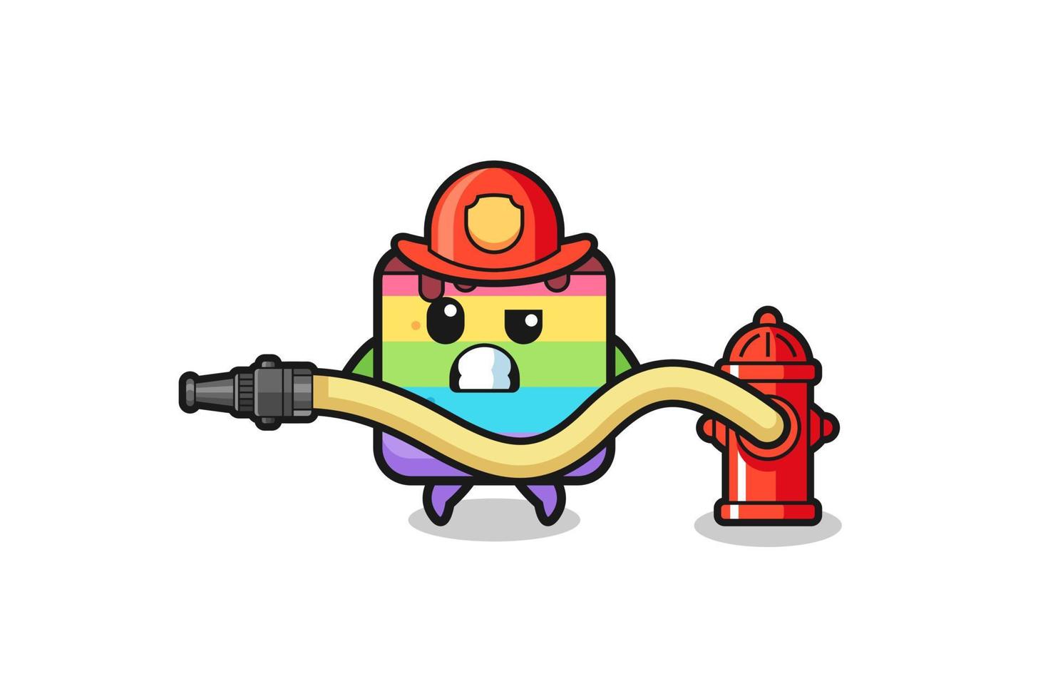 regenboogcake cartoon als brandweerman mascotte met waterslang vector