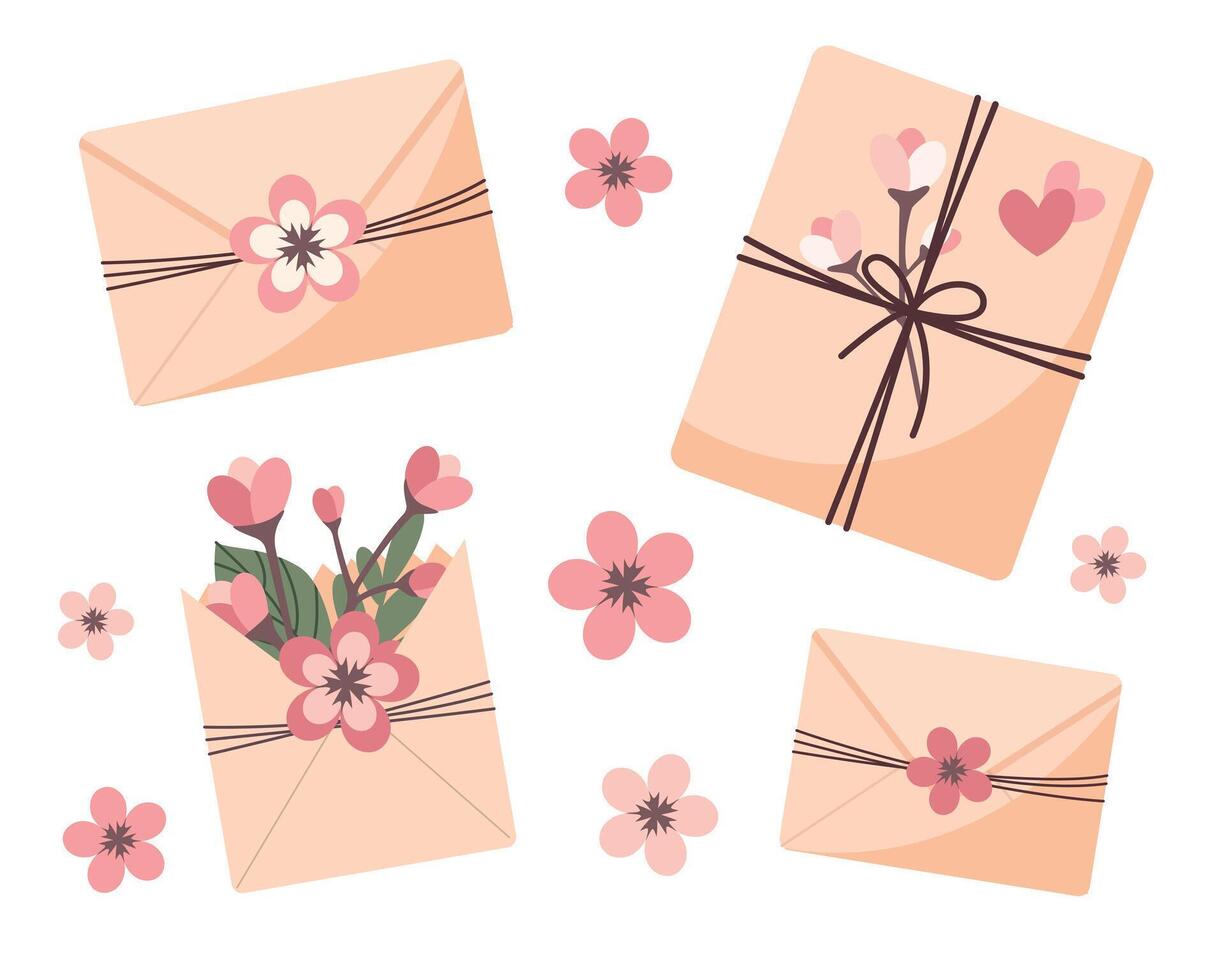 kraft enveloppen reeks met bloesem sakura bloem geïsoleerd Aan wit achtergrond vector