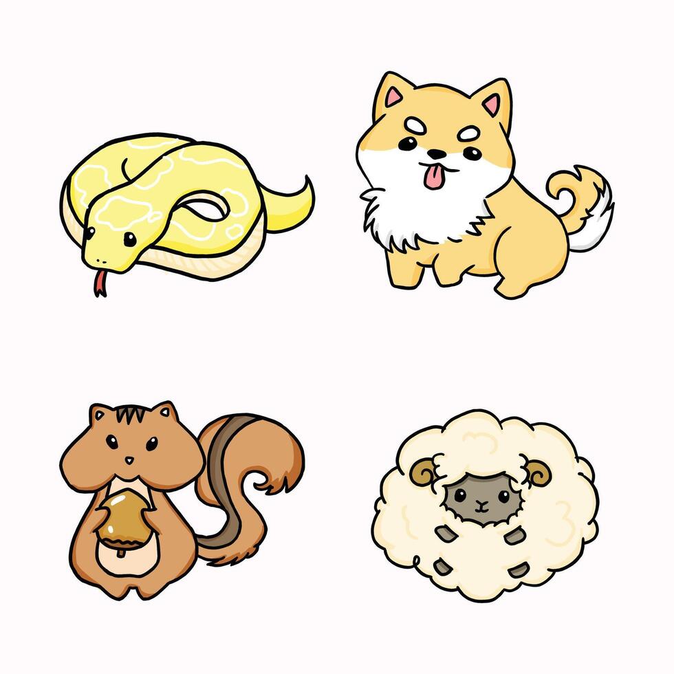 hand- getrokken schattig kawaii dieren illustraties vector