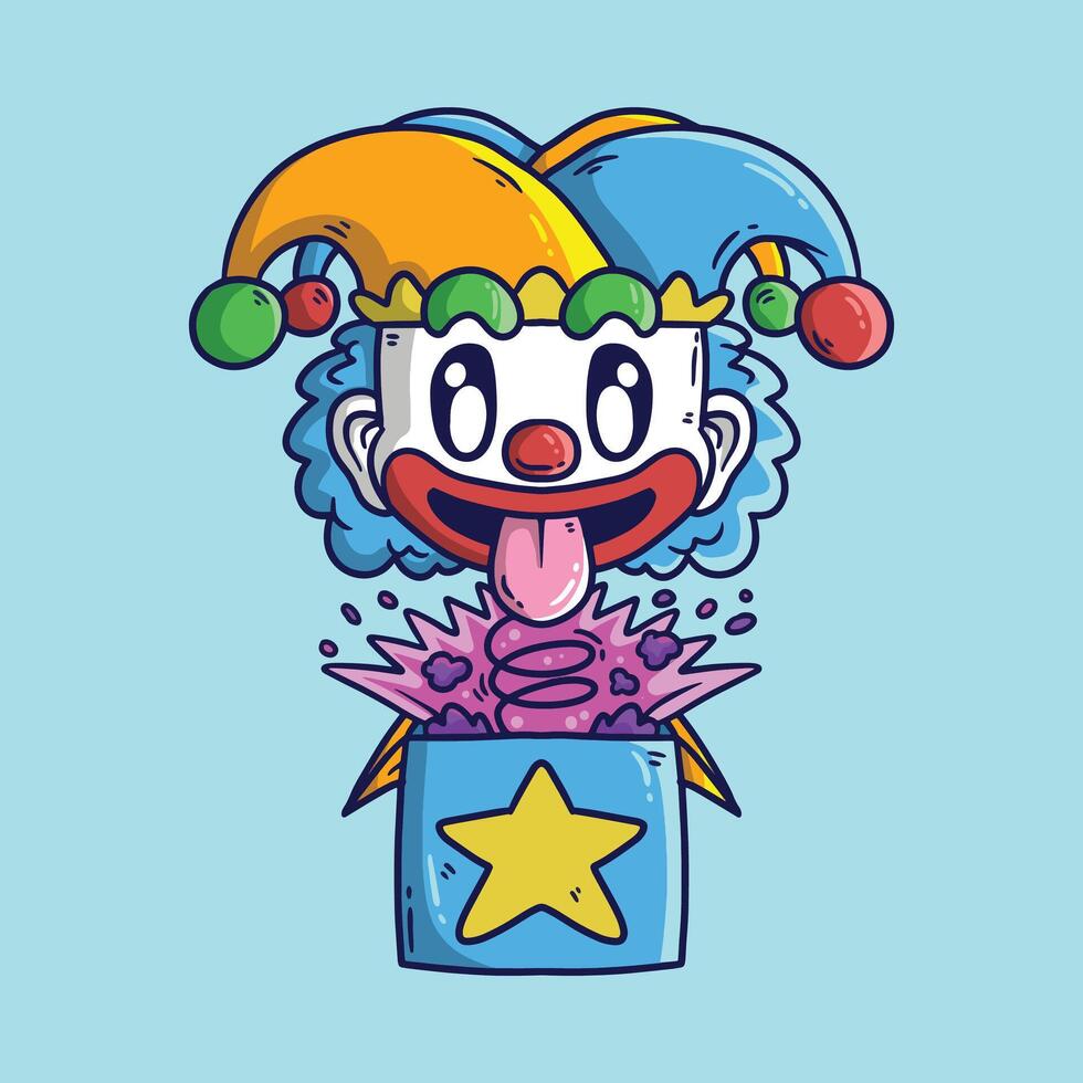 schattig tekenfilm april dwaas dag met clown doos verrassing vector illustratie. hand- getrokken vector illustratie