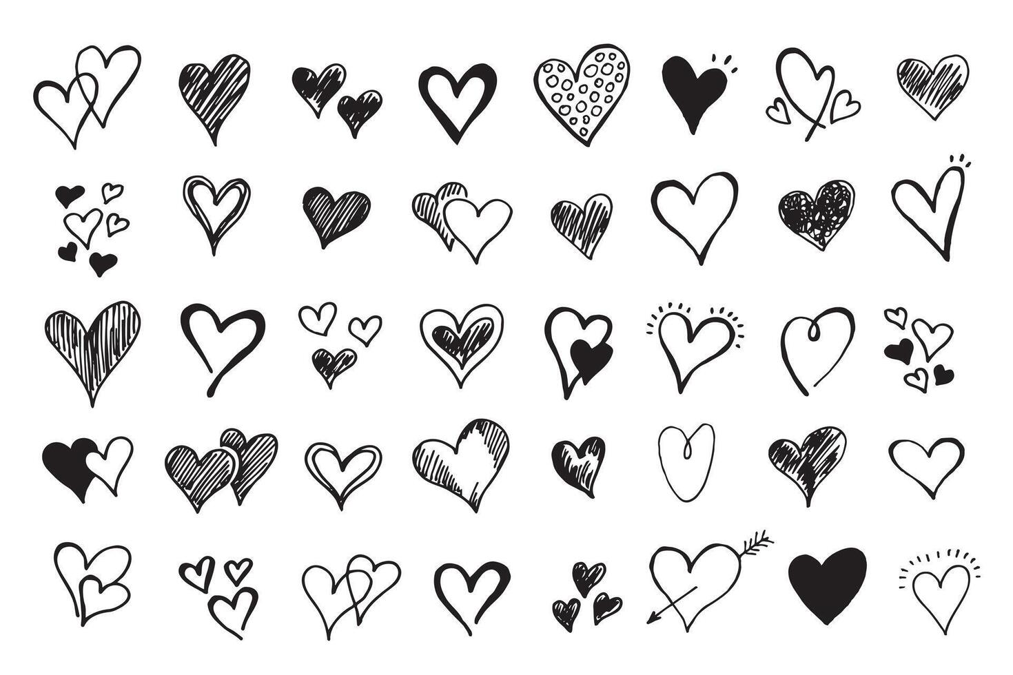 verzameling tekening reeks van hand- getrokken kattebelletje harten geïsoleerd zwart Aan wit achtergrond vector