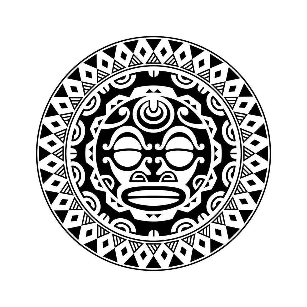 rond tattoo-ornament met maori-stijl van het zongezicht. Afrikaans, Azteken of Maya etnisch masker. vector