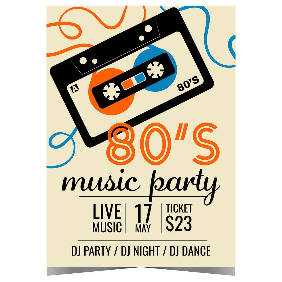 80s retro muziek- partij banier of poster met een compact audio cassette mixtape Aan de achtergrond. vector uitnodiging brochure of folder voor de jaren tachtig muziek- concert, disco dans leven evenement Bij nachtclub.