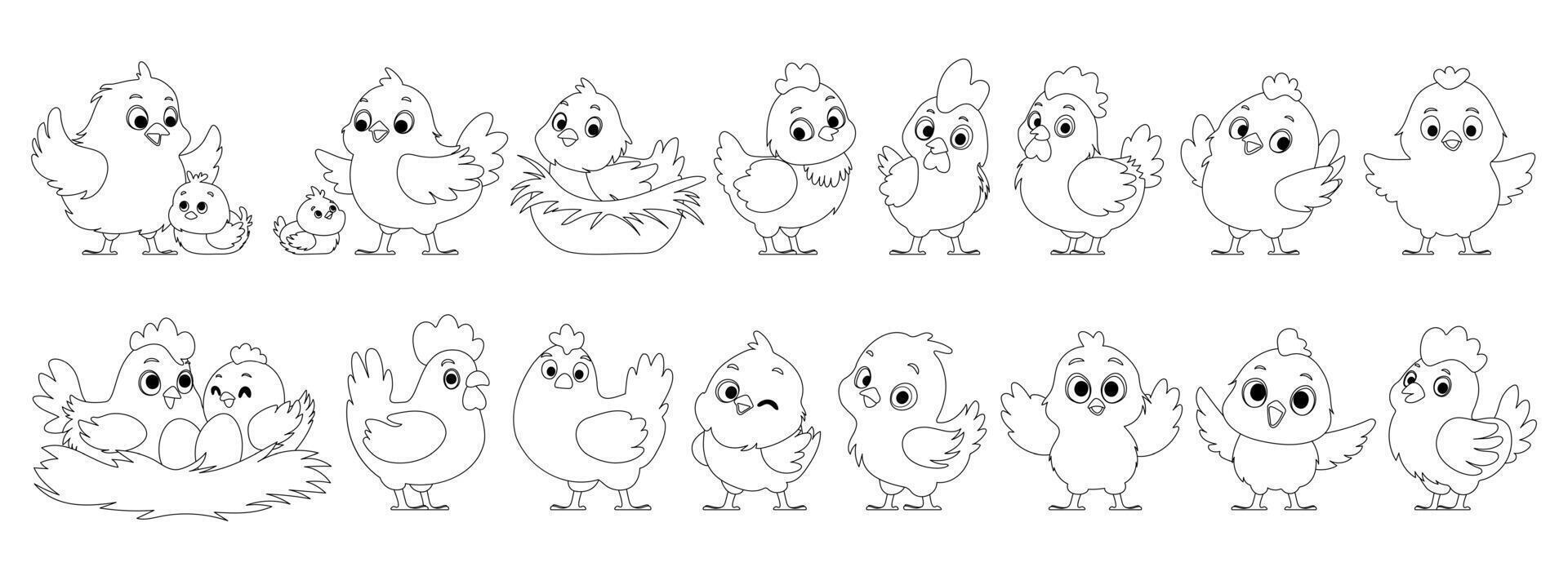 groot reeks van kip familie in lijn kunst. geel kippen, kip luiken eieren. moeder kip en kuikens. groot en klein hanen. kip en haan in de nest. zwart lijnen stijl. vector