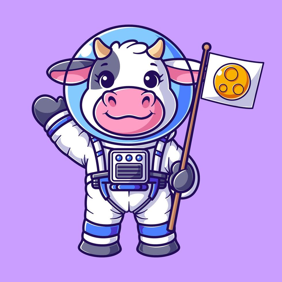 schattig koe vervelend astronaut pak en golvend vector