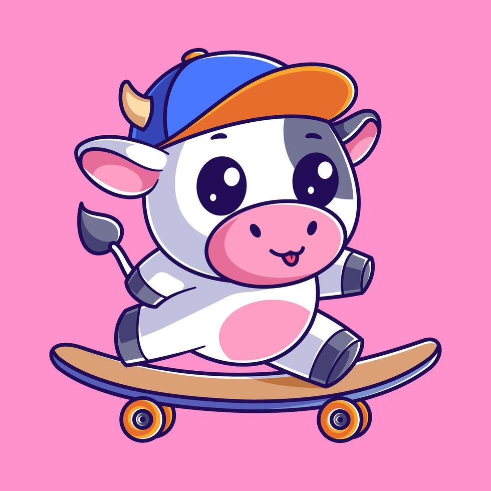 schattig koe spelen skateboard en vervelend een blauw hoed vector