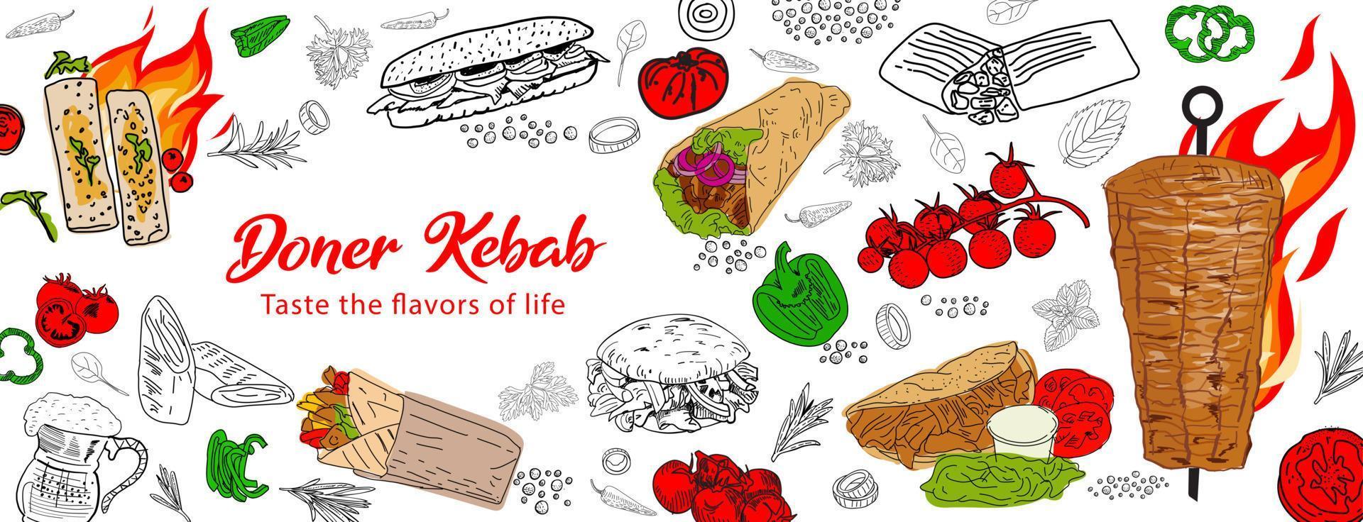 shoarma koken en ingrediënten voor kebab. vector