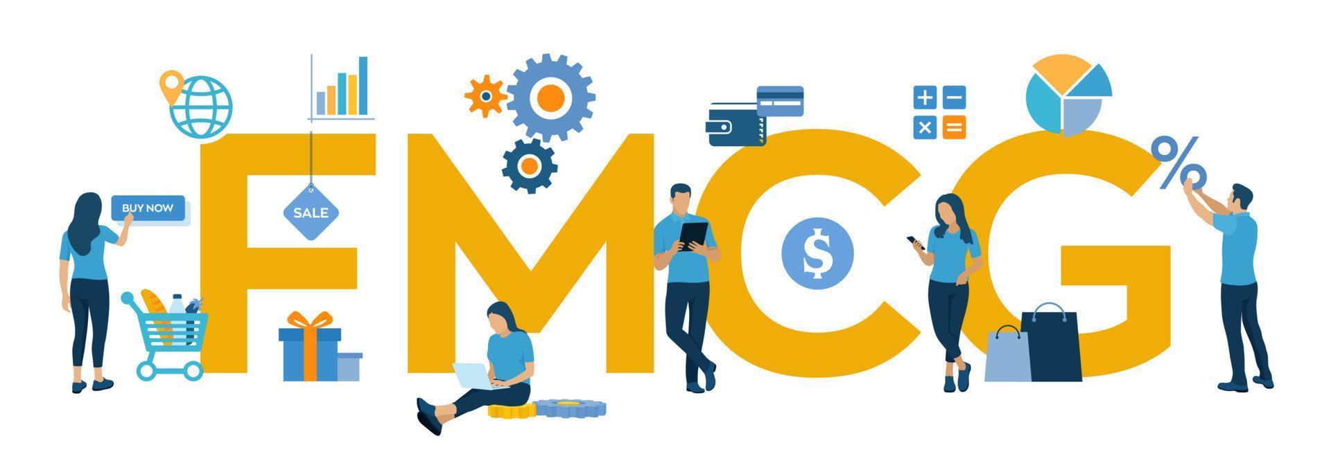 fmcg. snel bewegende consumptiegoederen acroniem. snel bewegend product, goederen op korte termijn. bedrijfs- en handelsconcept met groot woord of tekst. vectorillustratie met tekens en pictogrammen. vector