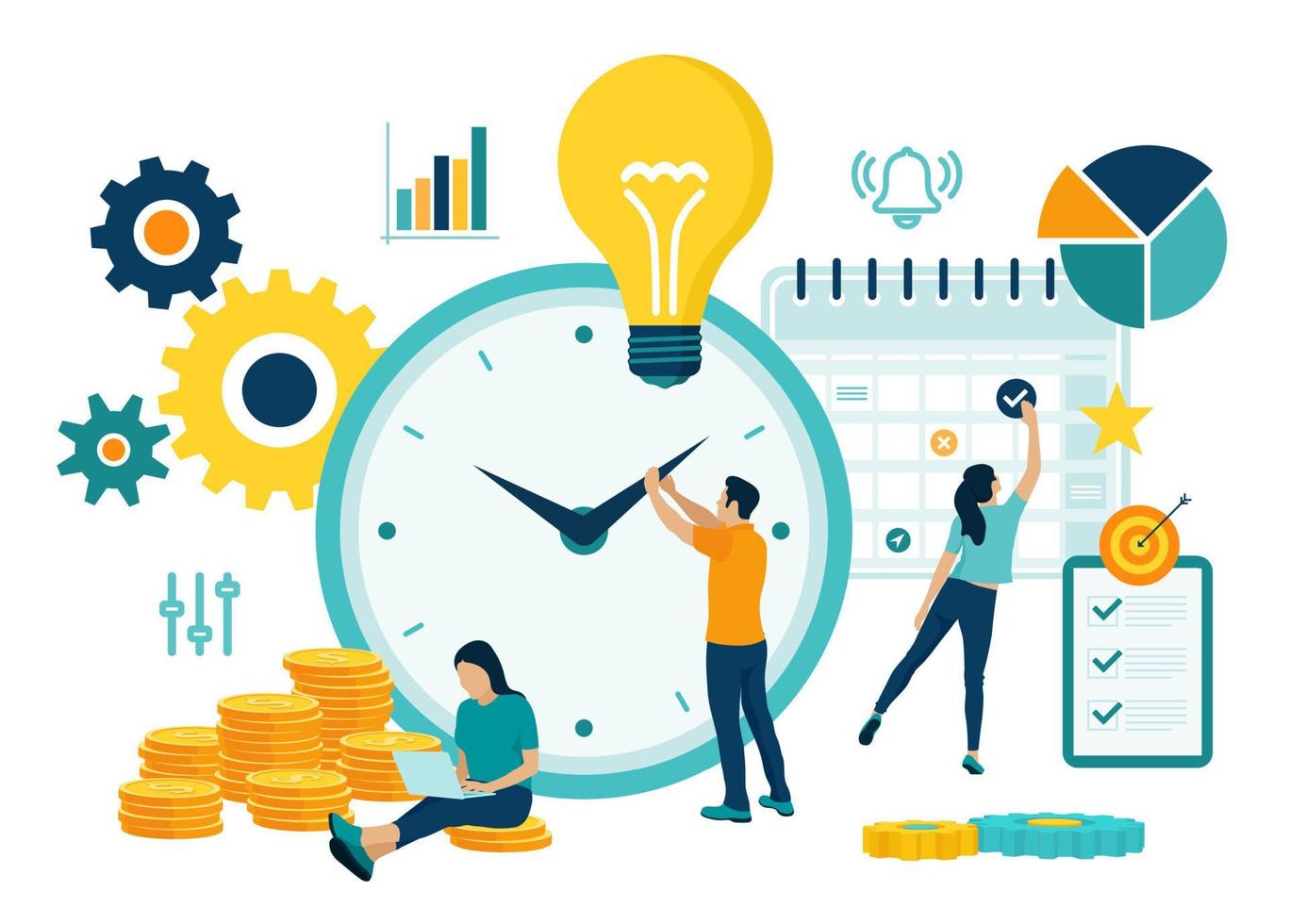 time management planning, organisatie en controle concept voor effiecient succesvolle en winstgevende zaken. concept van werktijdbeheer. zakelijk team. vectorillustratie met tekens. vector