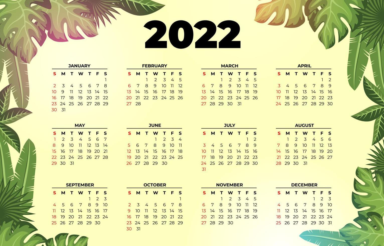 Kalendersjabloon voor 2022 met groen bloementhema vector