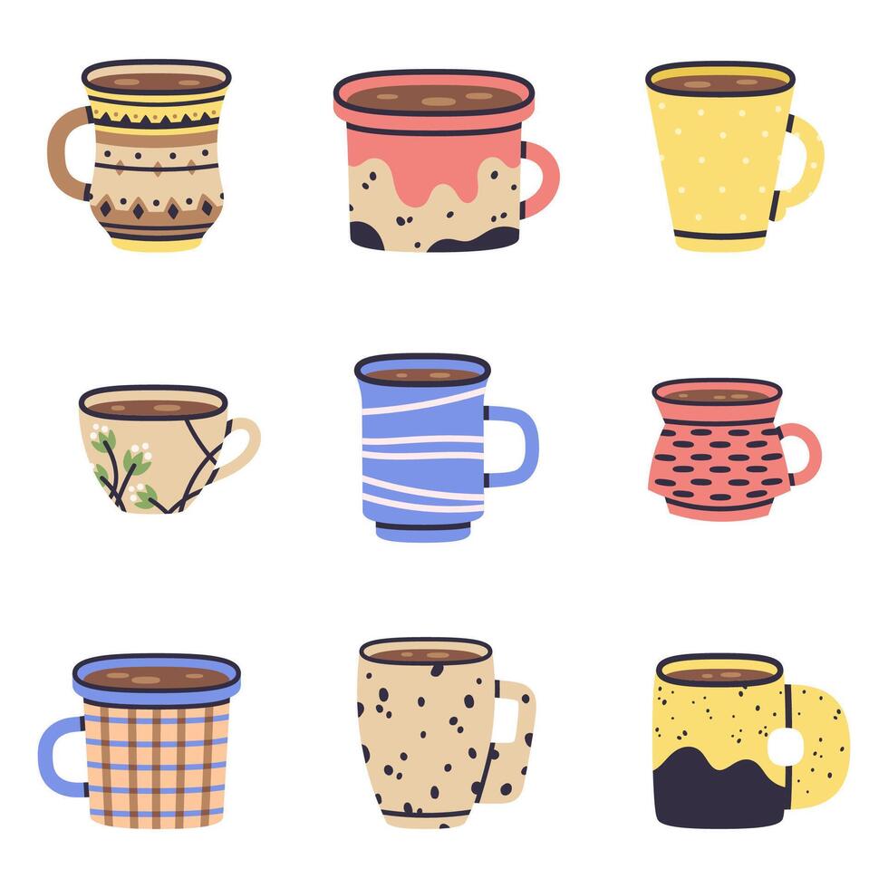 tekenfilm heet drankjes kopjes. tekening heet koffie of thee versierd keramisch porselein mokken. hand- getrokken winter opwarming drankjes cups vector vlak illustratie reeks