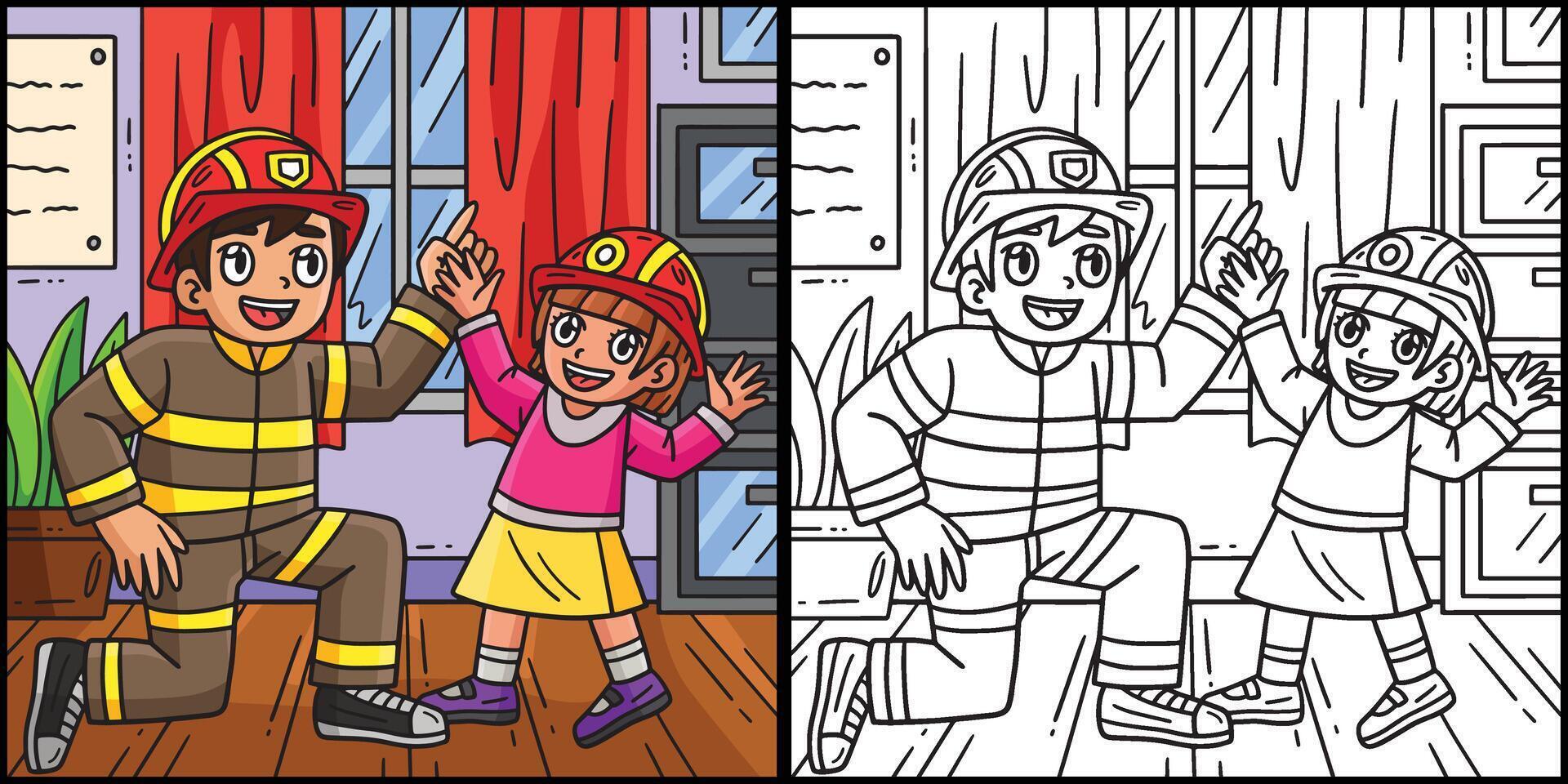 brandweerman en kind kleur bladzijde illustratie vector