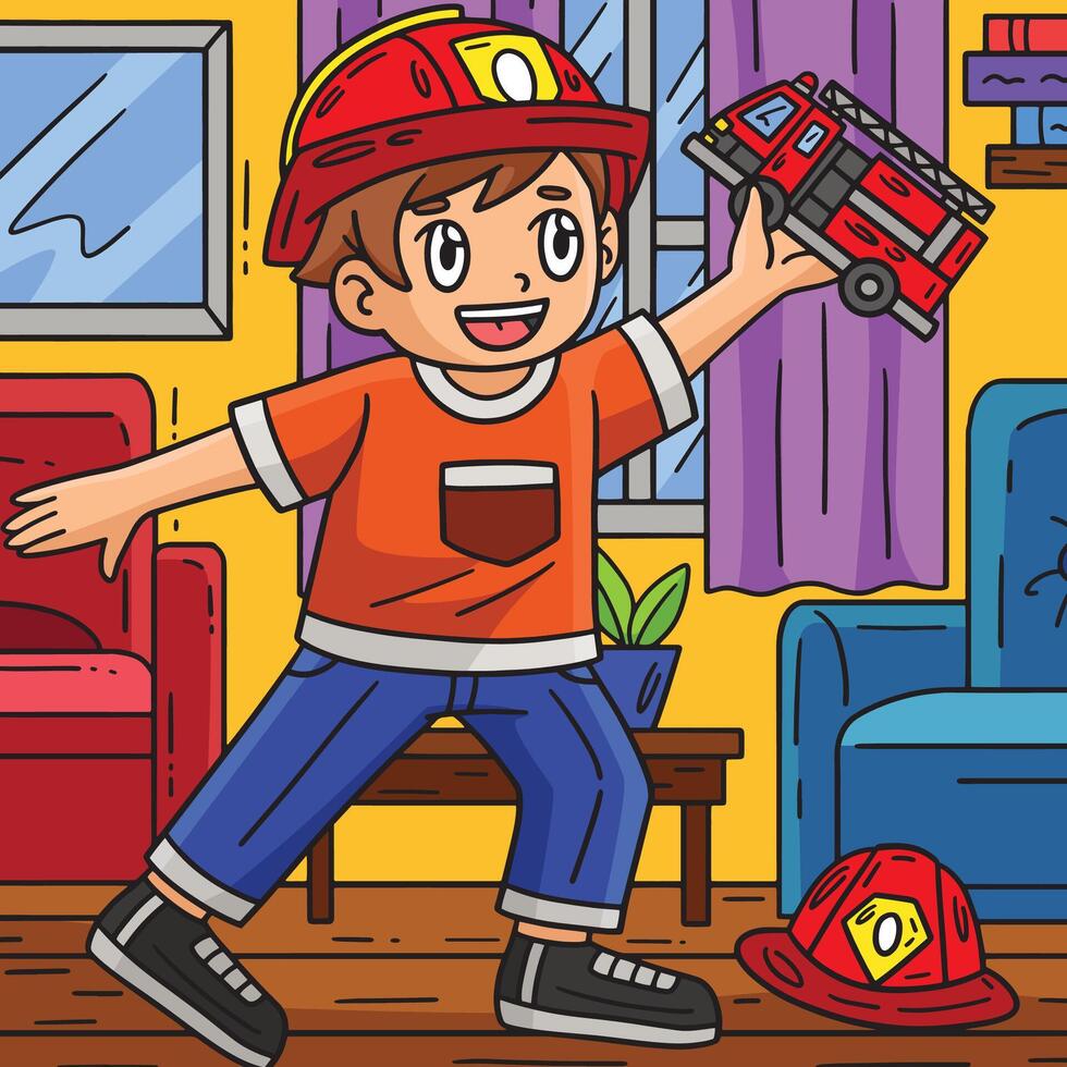 kind met brandweerman vrachtauto speelgoed- gekleurde tekenfilm vector