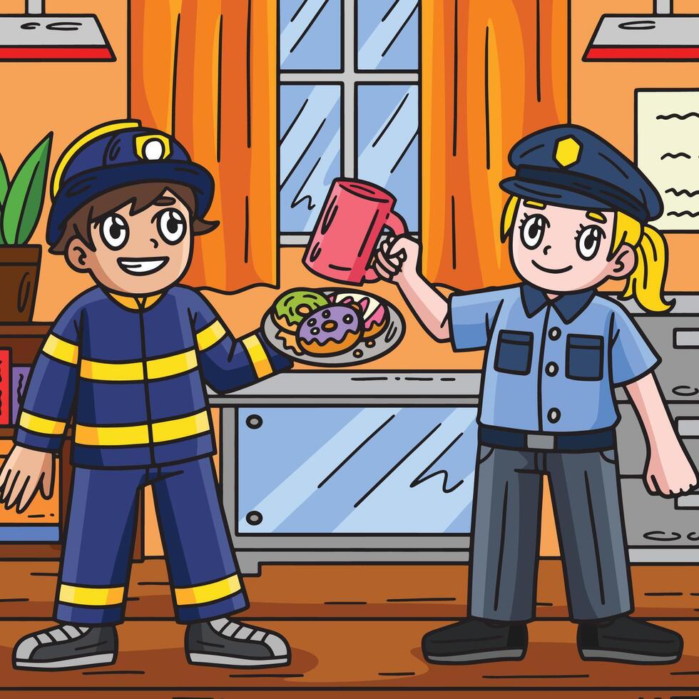 brandweerman en politievrouw gekleurde tekenfilm vector