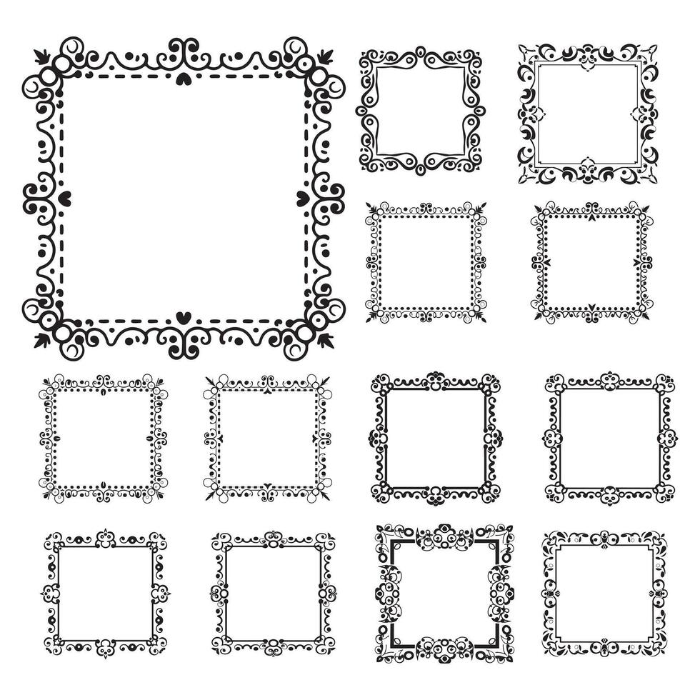 rechthoekig kader reeks met decoratief hoek. ontwerp grens lijn zwart Aan wit achtergrond. vector