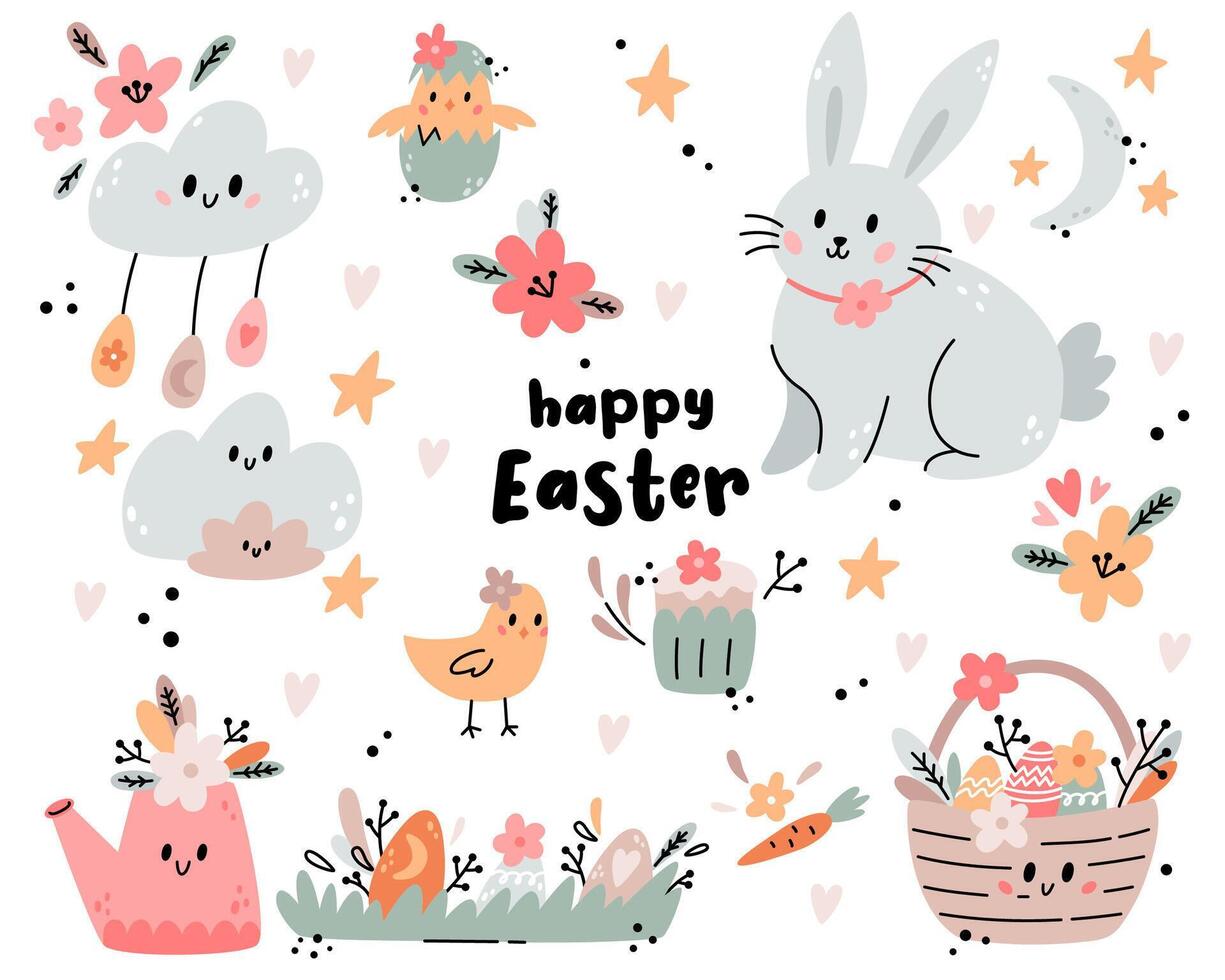 Pasen reeks met konijn, mand, bloemen, eieren, kuiken en ontwerp elementen. Pasen illustratie met feestelijk dieren in boho stijl. ideaal voor kinderen kamer decoratie, kleding, afdrukken. vector