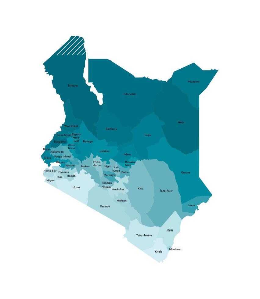 vector geïsoleerd illustratie van vereenvoudigd administratief kaart van Kenia. borders en namen van de provincies, Regio's. kleurrijk blauw khaki silhouetten