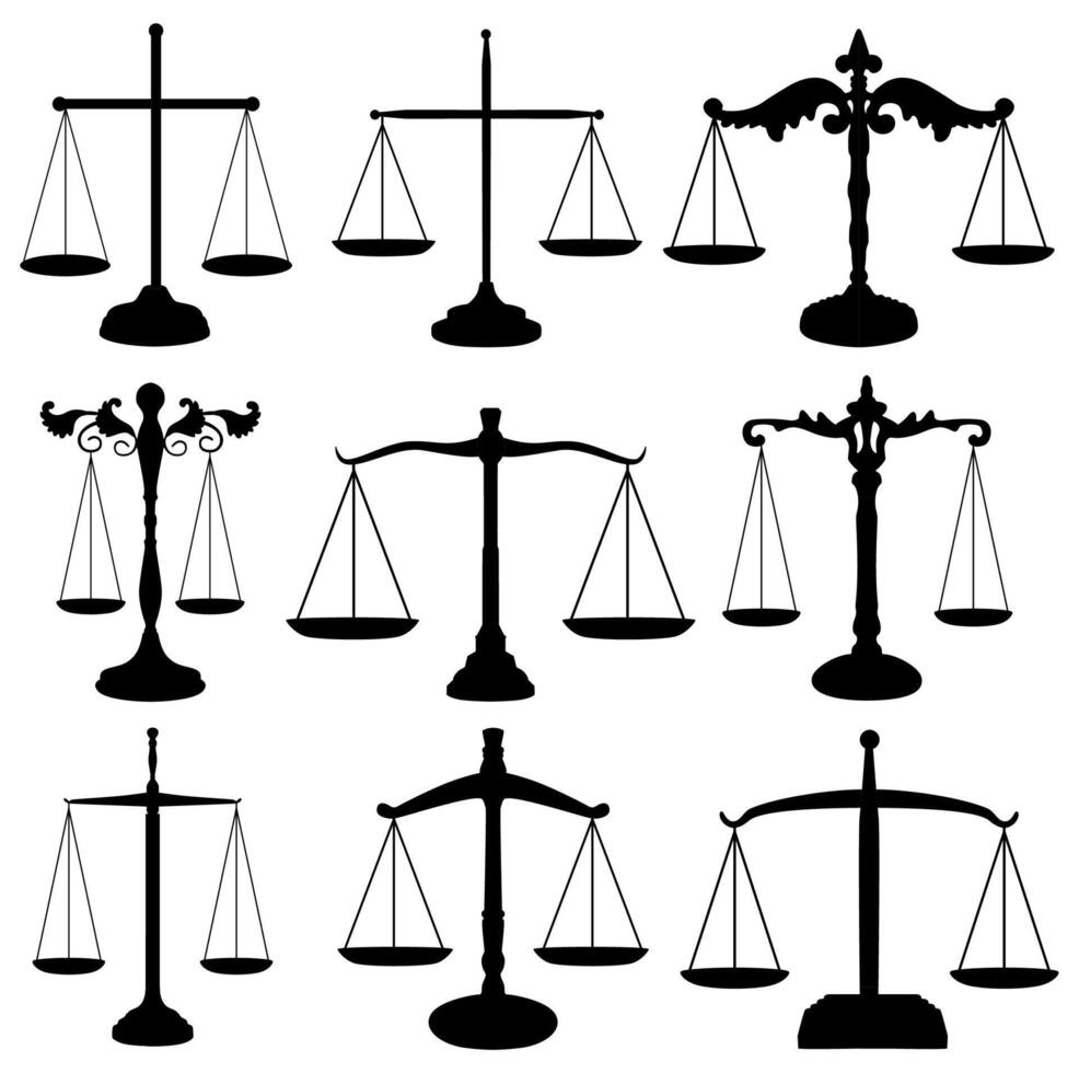 reeks schaal van gerechtigheid silhouet icoon. regering wet symbool vector illustratie