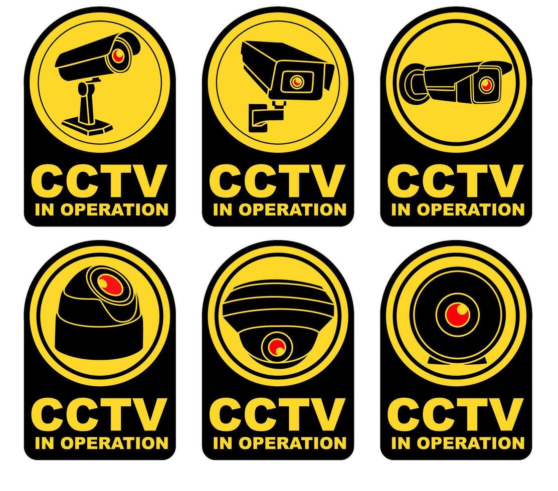 reeks collecties etiketten teken cctv in operatie. veiligheid camera sticker ontwerp vector illustratie