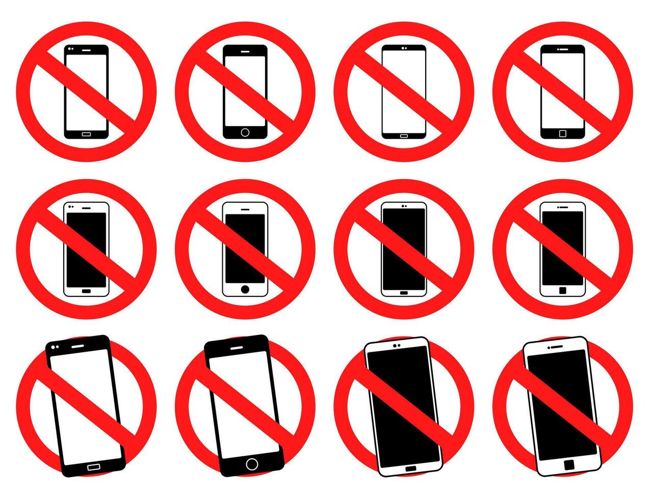 reeks Nee smartphones verboden teken. smartphones verboden ronde sticker vector illustratie