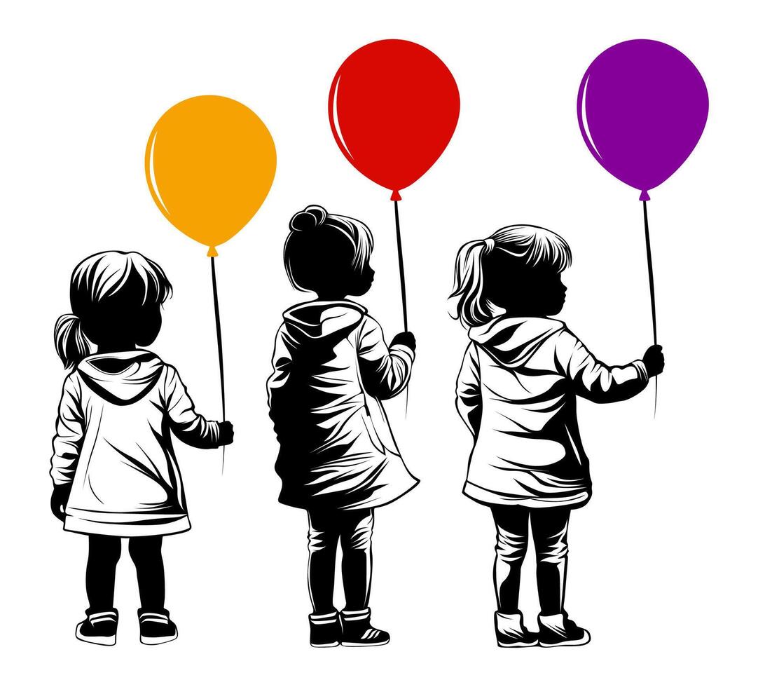 reeks school- meisjes Holding ballon terug visie silhouet ontwerp vector illustratie