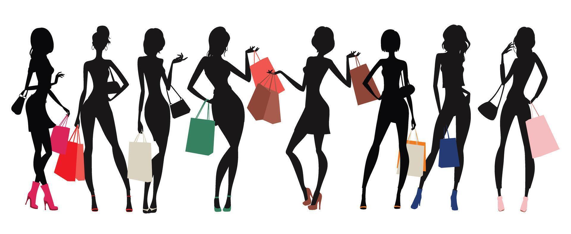 glamoureus Dames silhouetten en boodschappen doen Tassen vector