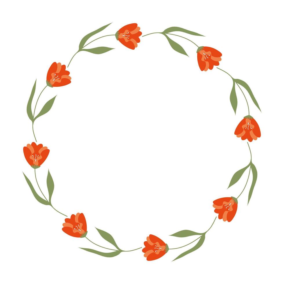 tekening voorjaar bloemen krans gemaakt van oranje bloemen in cirkel. hand- getrokken elegant minimalistische botanisch element. ronde kader of grens met plaats tekst, citaat of logo in vlak stijl. vector