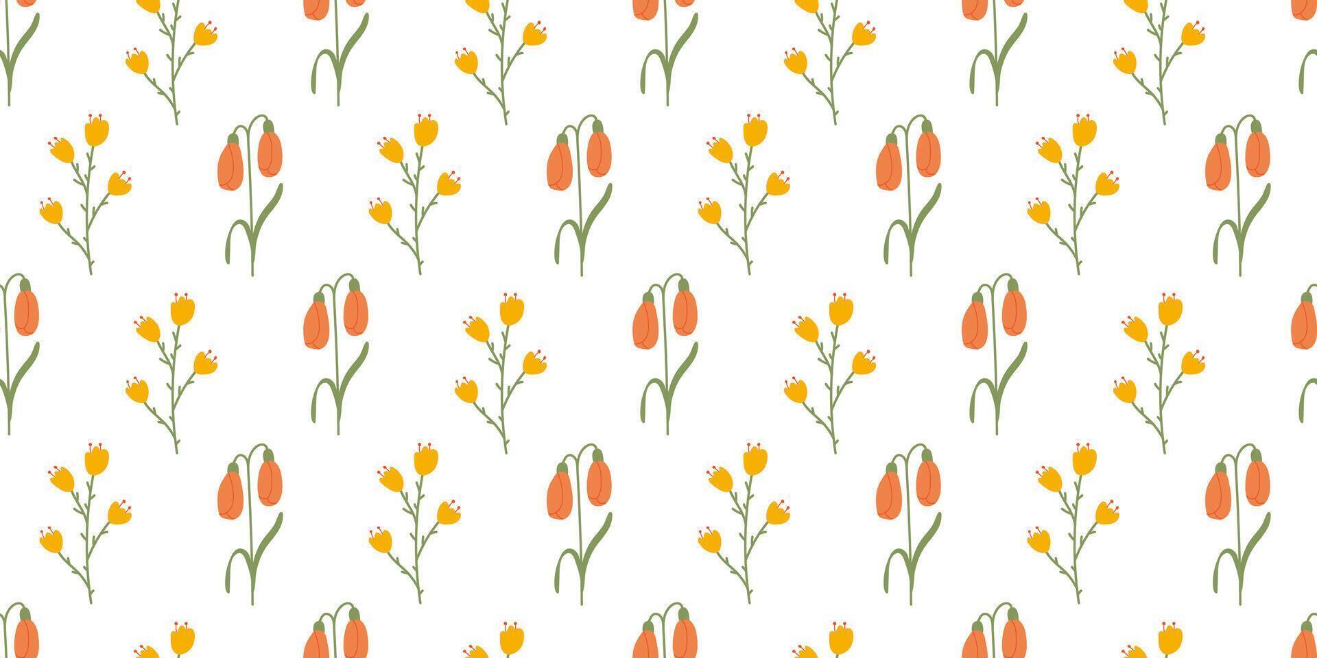 bloem voorjaar naadloos patroon Aan wit achtergrond. bloemen herhalen ontwerp voor afdrukken. vlak zomer vector textuur. botanisch minimalistisch natuur oranje geel achtergrond voor textiel en inpakken.