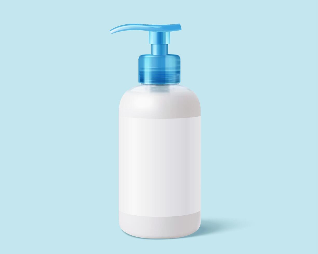 wit fles met dispenser en blanco etiket in 3d illustratie over- blauw achtergrond vector