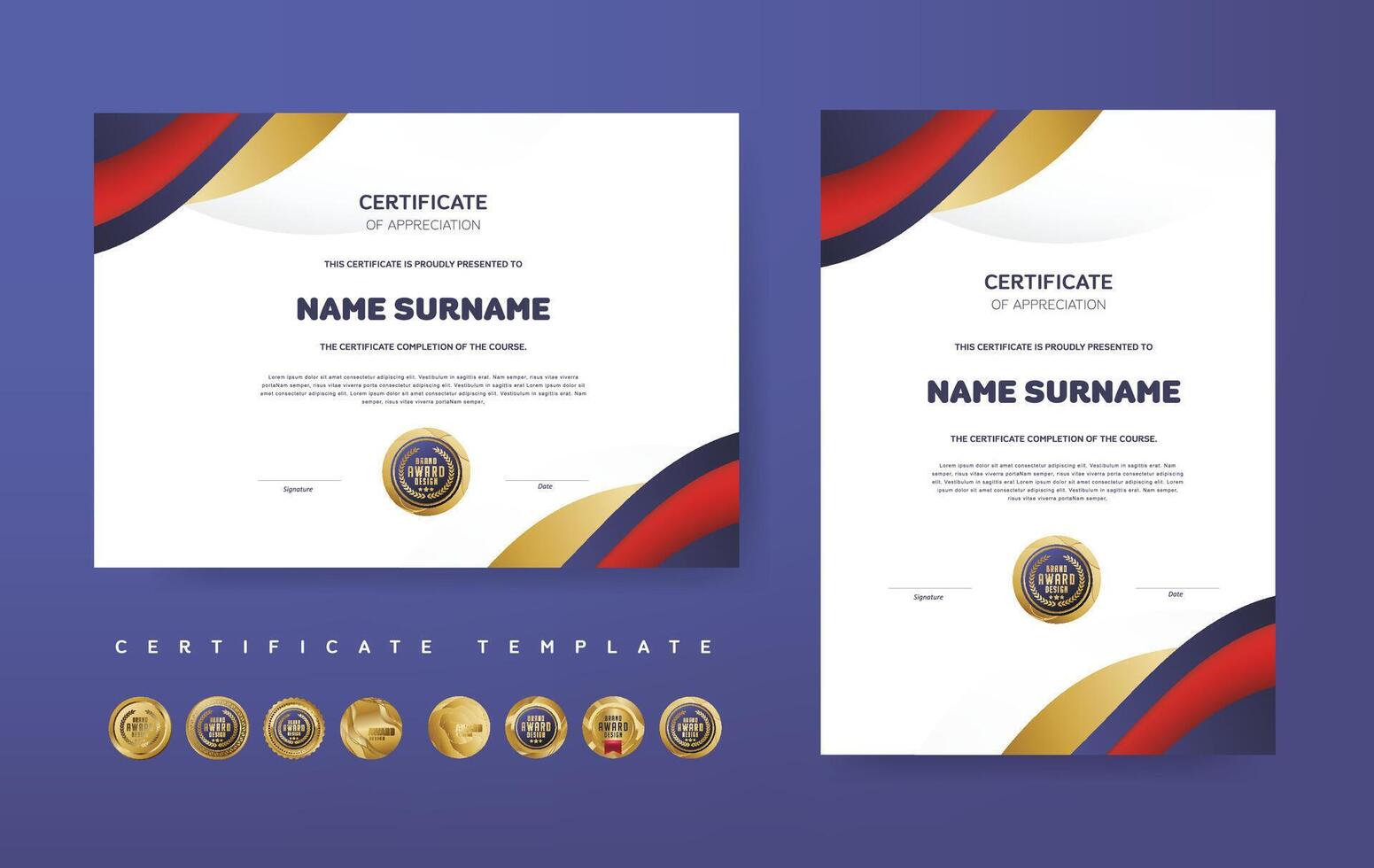 certificaat van waardering of prijs diploma sjabloon ontwerp en vector gouden luxe premie badges ontwerp