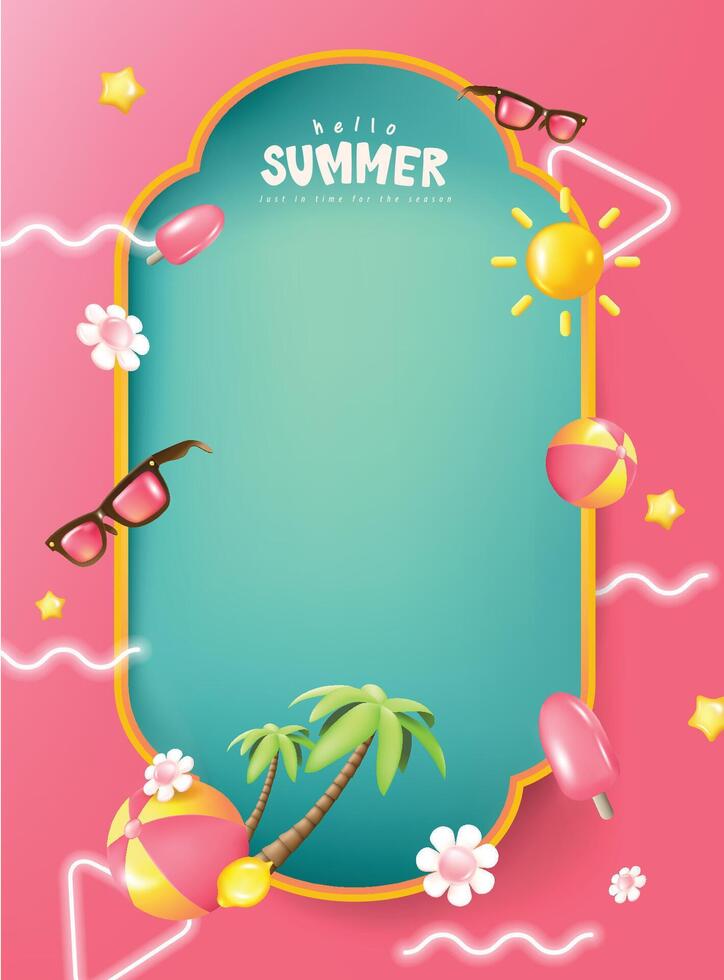 kleurrijk zomer banier achtergrond met strand accessoires Aan blauw - zomer vakantie banier vector