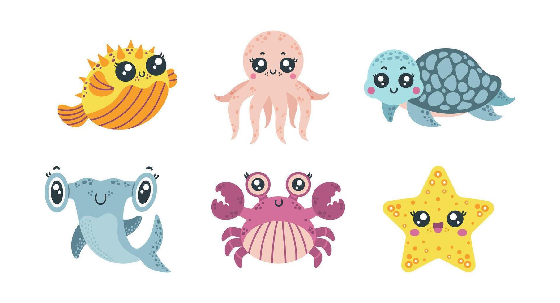 onderwater- dieren vector set. vriendelijk krab, baby haai, schattig schildpad, glimlachen zeester, grappig kogelvis vis en Octopus. oceaan karakters, aquarium huisdieren. kleurrijk tekenfilm clip art voor kinderen, kinderen