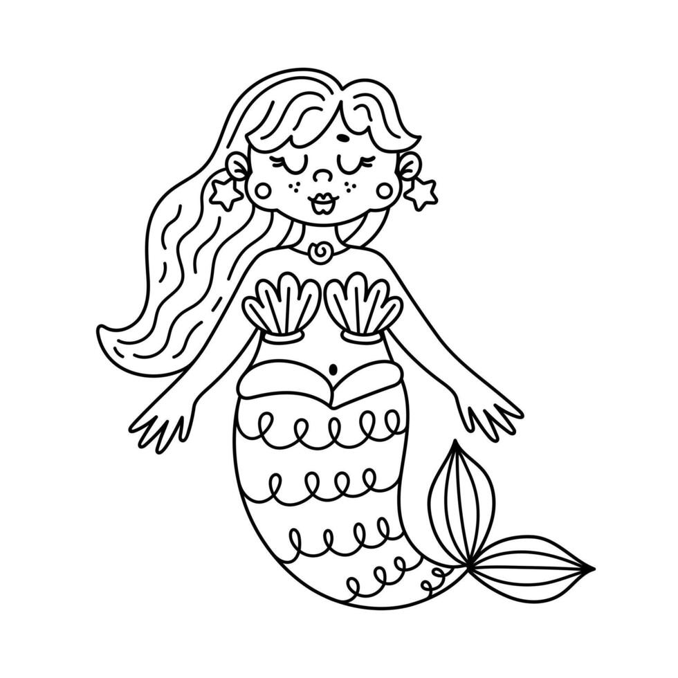 prinses meermin vector illustratie. schattig onderwater- meisje met een vis staart. mooi zee fee met schelpen, zeester. hand- getrokken tekening, kleur boek voor kinderen. zwart en wit clip art voor afdrukken