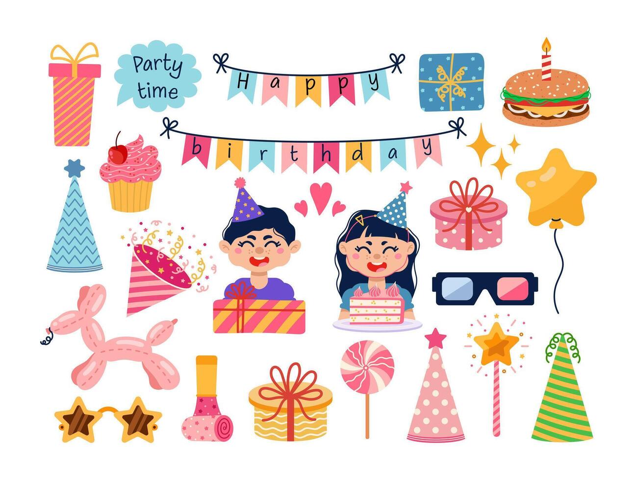 verjaardag viering vector set. schattig glimlachen jongen en meisje met een taart, geschenk. feestelijk elementen - voetzoeker, ballon, grappig bril, guirlande, partij hoed. verrassing voor een kind, gelukkig vakantie. tekenfilm kunst